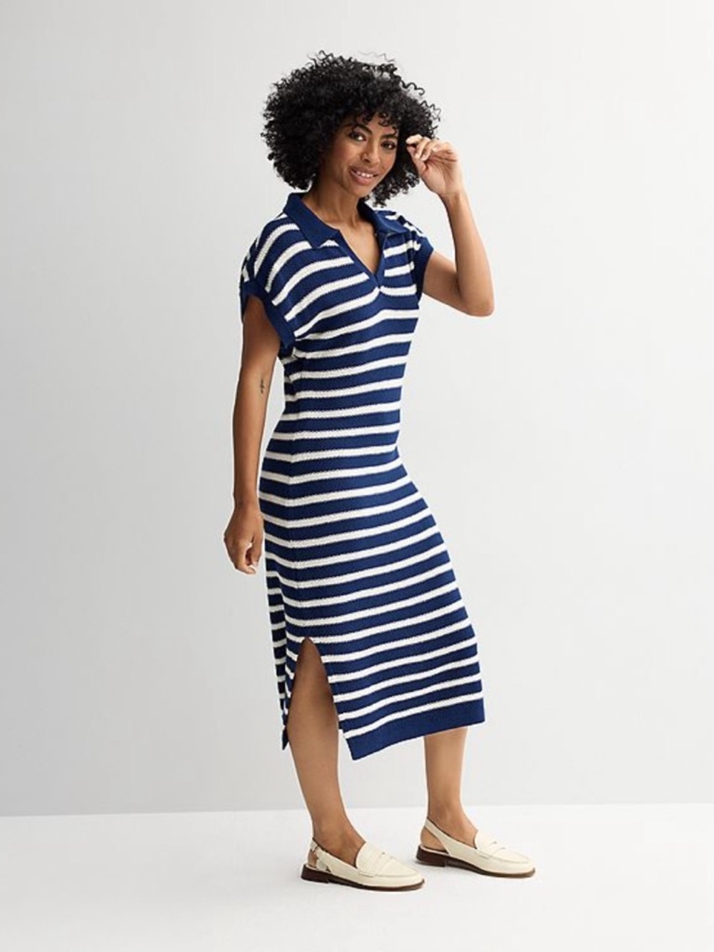 Sonoma Navy and White Striped Knit Collared Sweater Midi Dress XXL